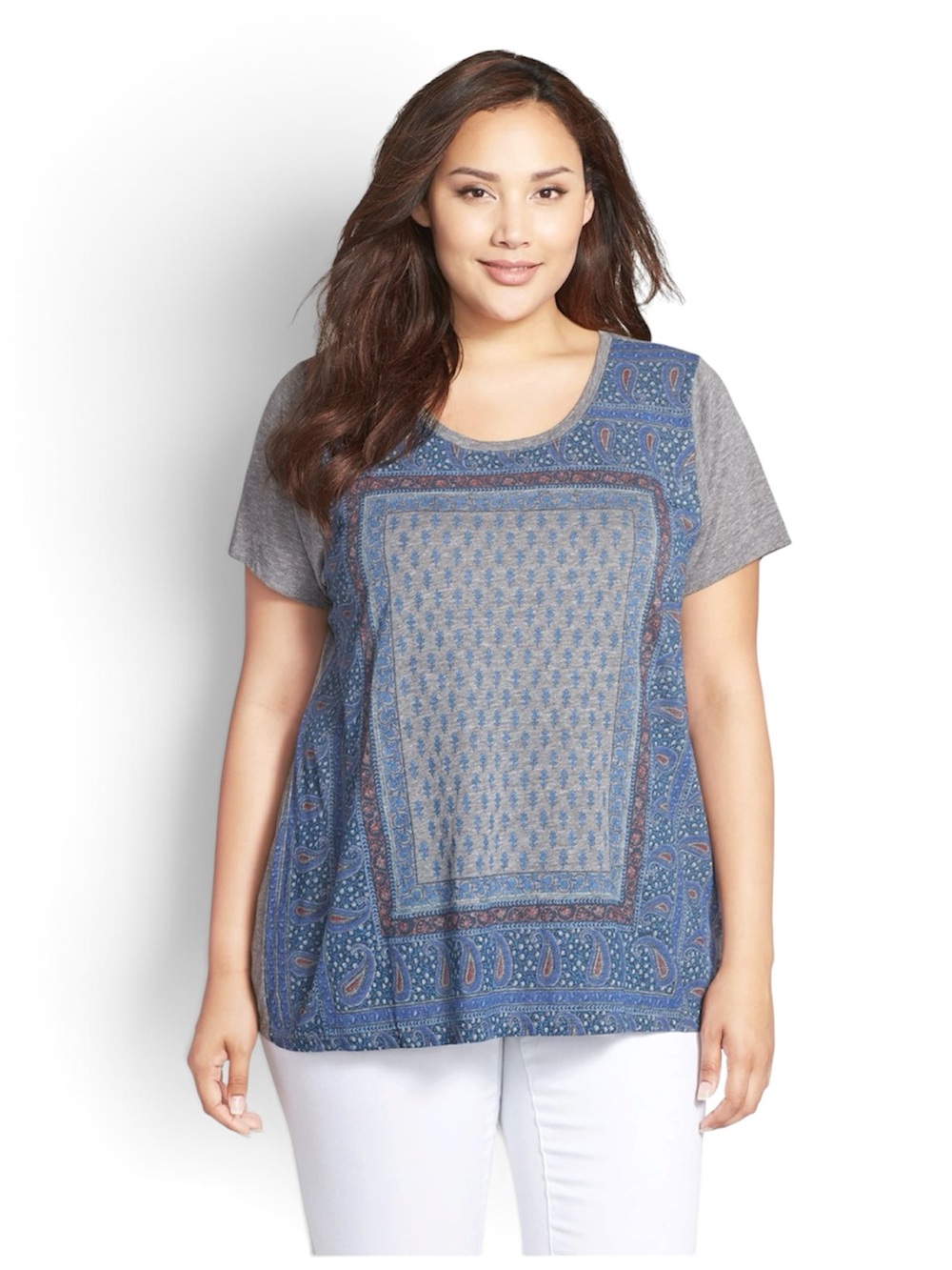 NWT Lucky Brand Blue Paisley Panel Short Sleeve Tee Size 1X